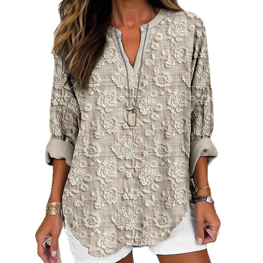 Womens Fashion Floral Print V-Neck Long-Sleeve T-Shirt