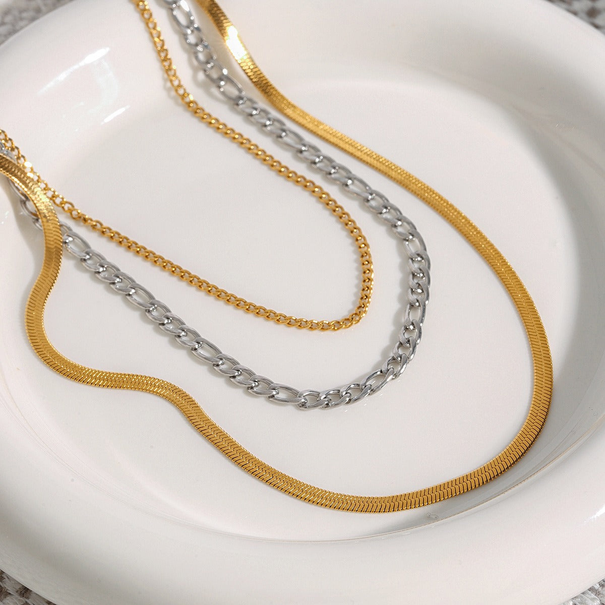18K gold multi-layer chain with gold and silver color matching design simple personality necklace