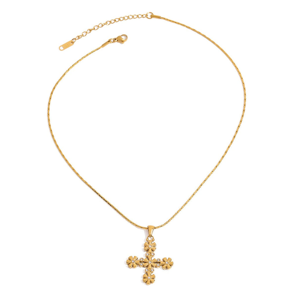 18K gold cross with flower-shaped design exquisite and fashionable necklace