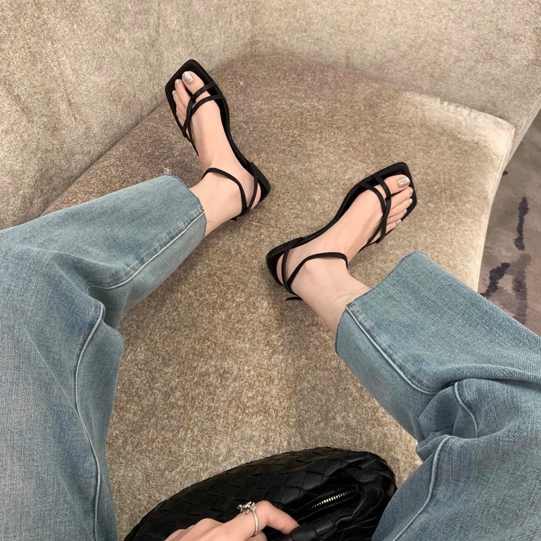 Square-toe Cross-strap Thong-style Flat Sandals