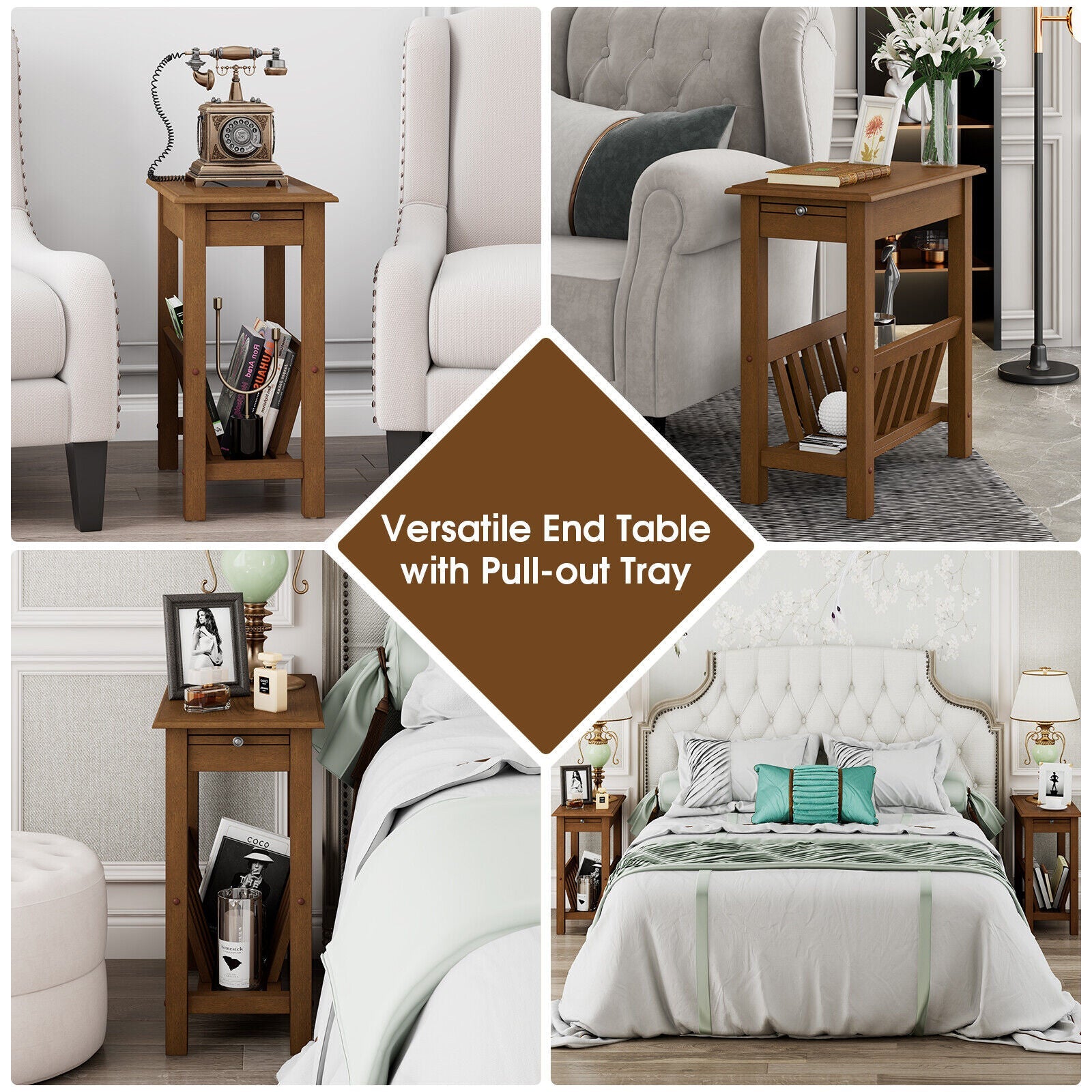 2-Tier End Table with Pull-out Tray and Solid Rubber Wood Legs