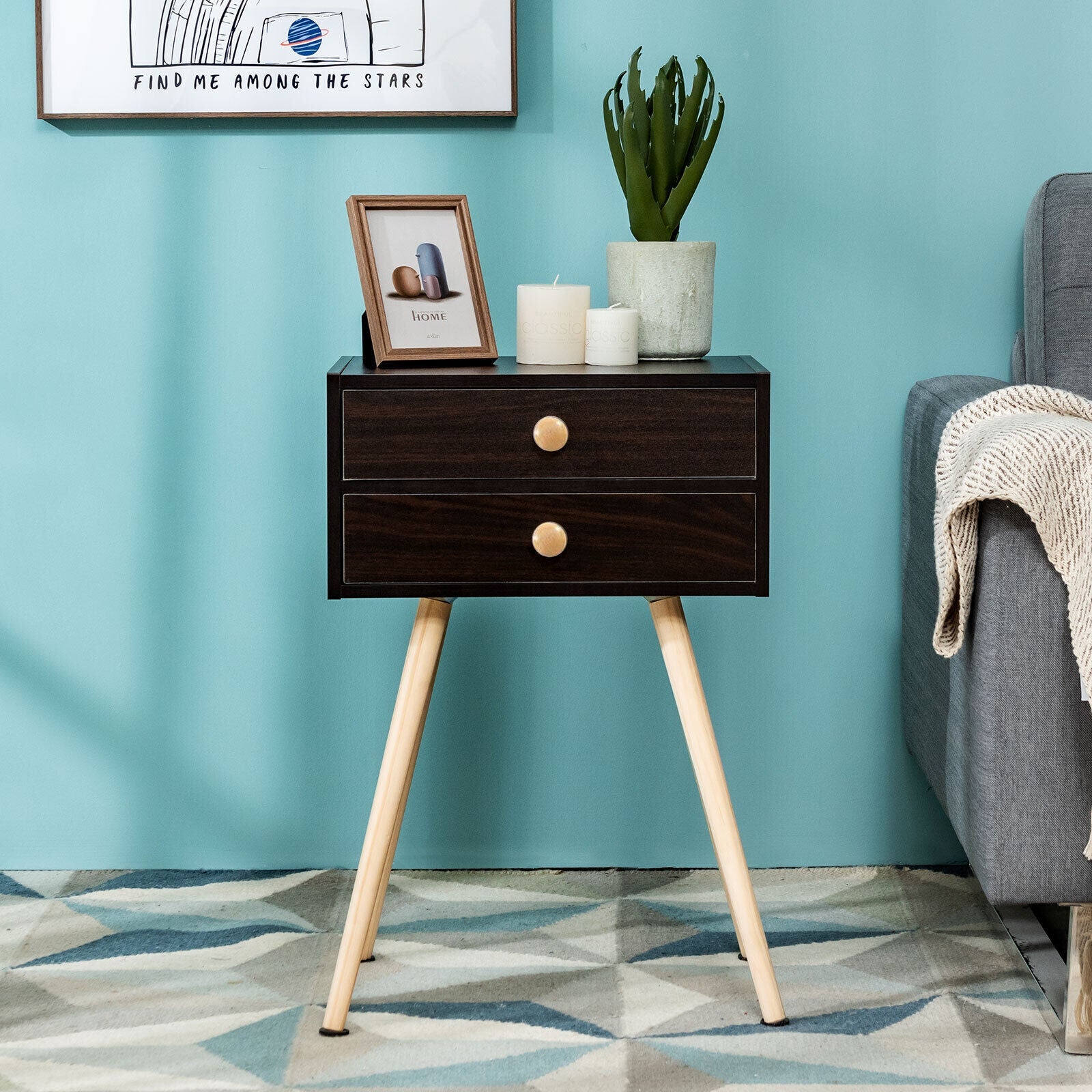 Modern Nightstand Bedside Table Mid Century with 2 Drawers-Natural