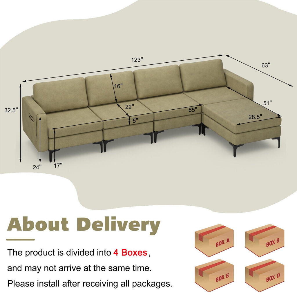 Modular L-shaped Sectional Sofa with Reversible Ottoman and 2 USB Ports