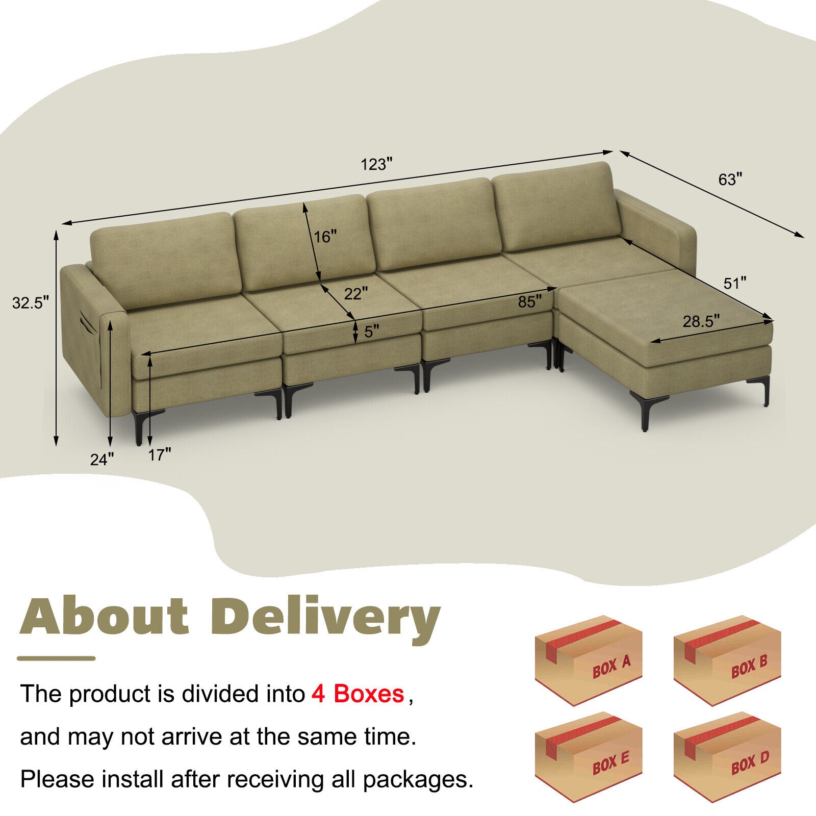 Modular L-shaped Sectional Sofa with Reversible Ottoman and 2 USB Ports