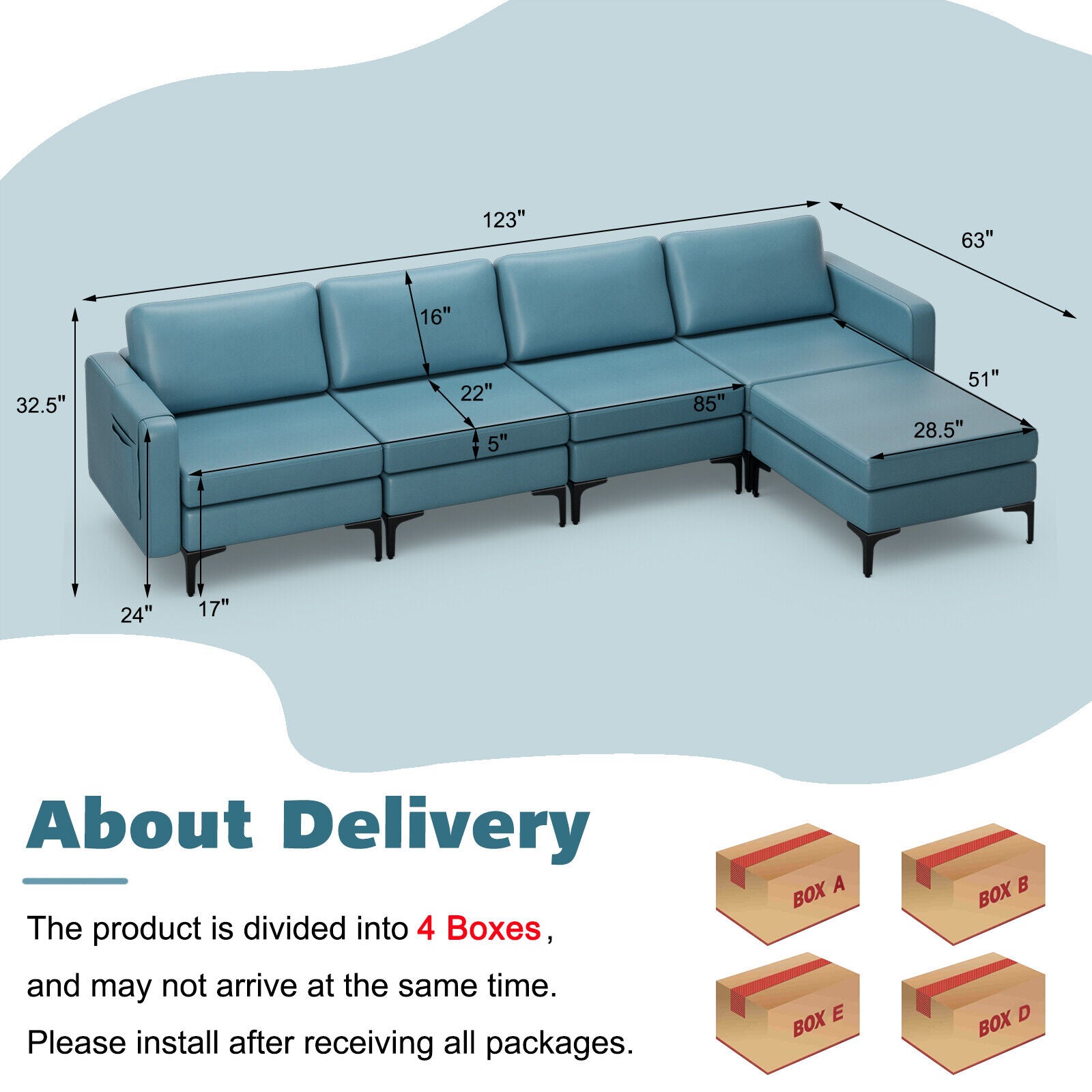 Modular L-shaped Sectional Sofa with Reversible Ottoman and 2 USB Ports