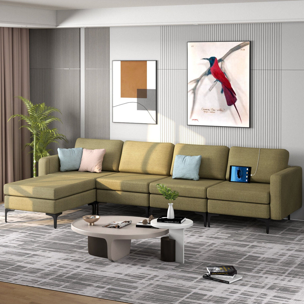 Modular L-shaped Sectional Sofa with Reversible Ottoman and 2 USB Ports