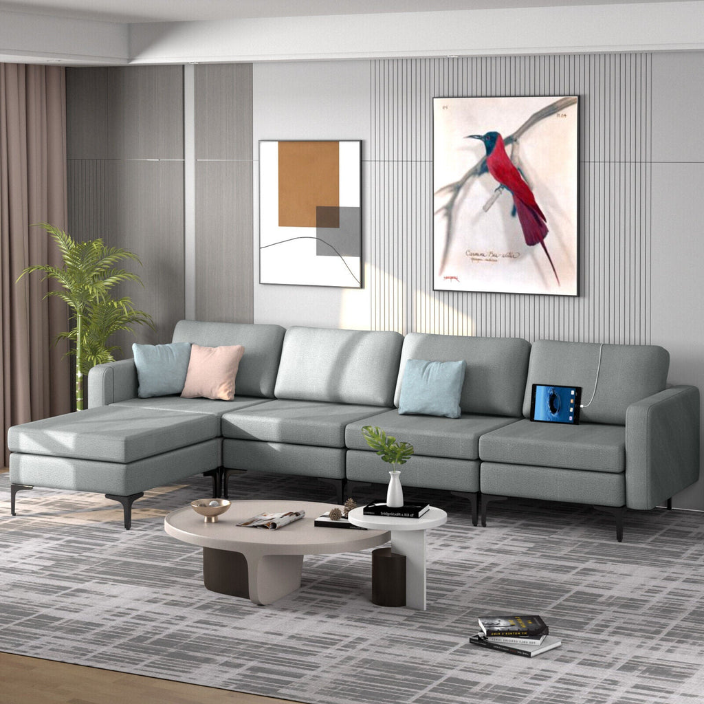 Modular L-shaped Sectional Sofa with Reversible Ottoman and 2 USB Ports