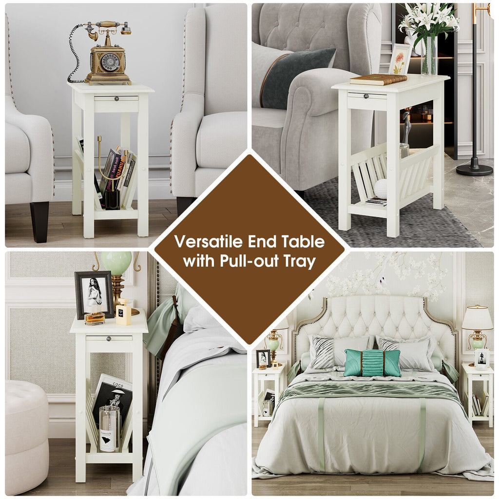 2-Tier End Table with Pull-out Tray and Solid Rubber Wood Legs