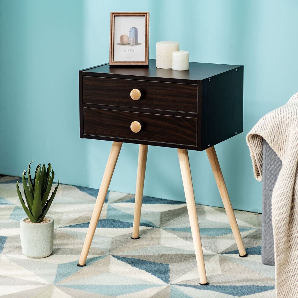Modern Nightstand Bedside Table Mid Century with 2 Drawers-Natural