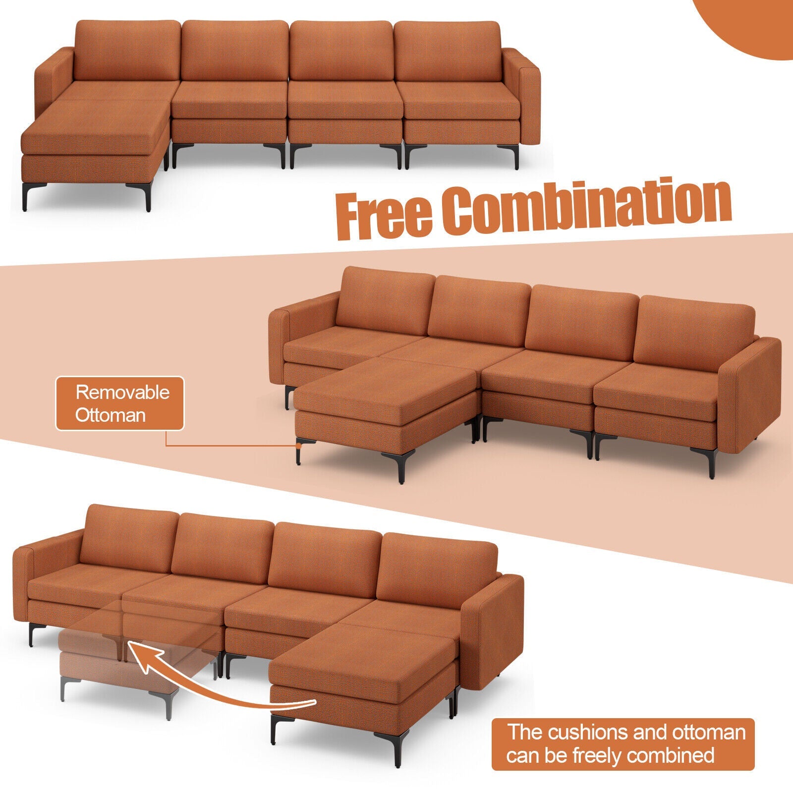 Modular L-shaped Sectional Sofa with Reversible Ottoman and 2 USB Ports