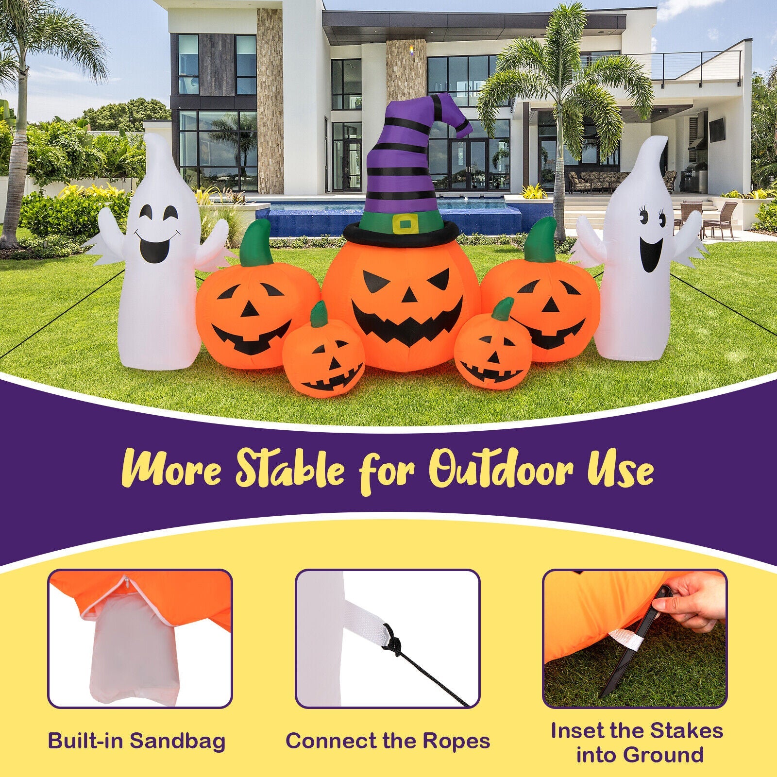 9 Feet Long Halloween Inflatable Pumpkins with 2 Ghosts