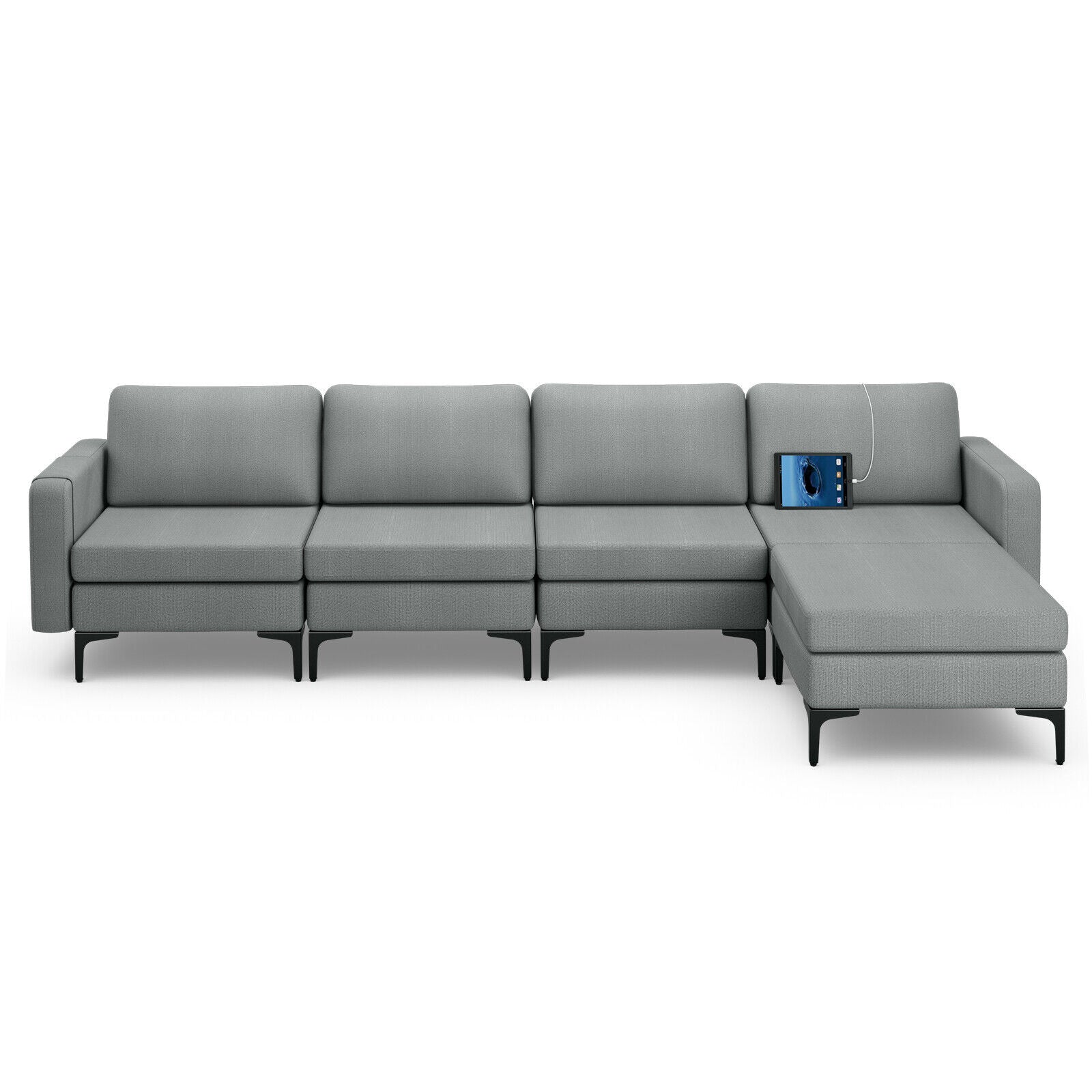 Modular L-shaped Sectional Sofa with Reversible Ottoman and 2 USB Ports