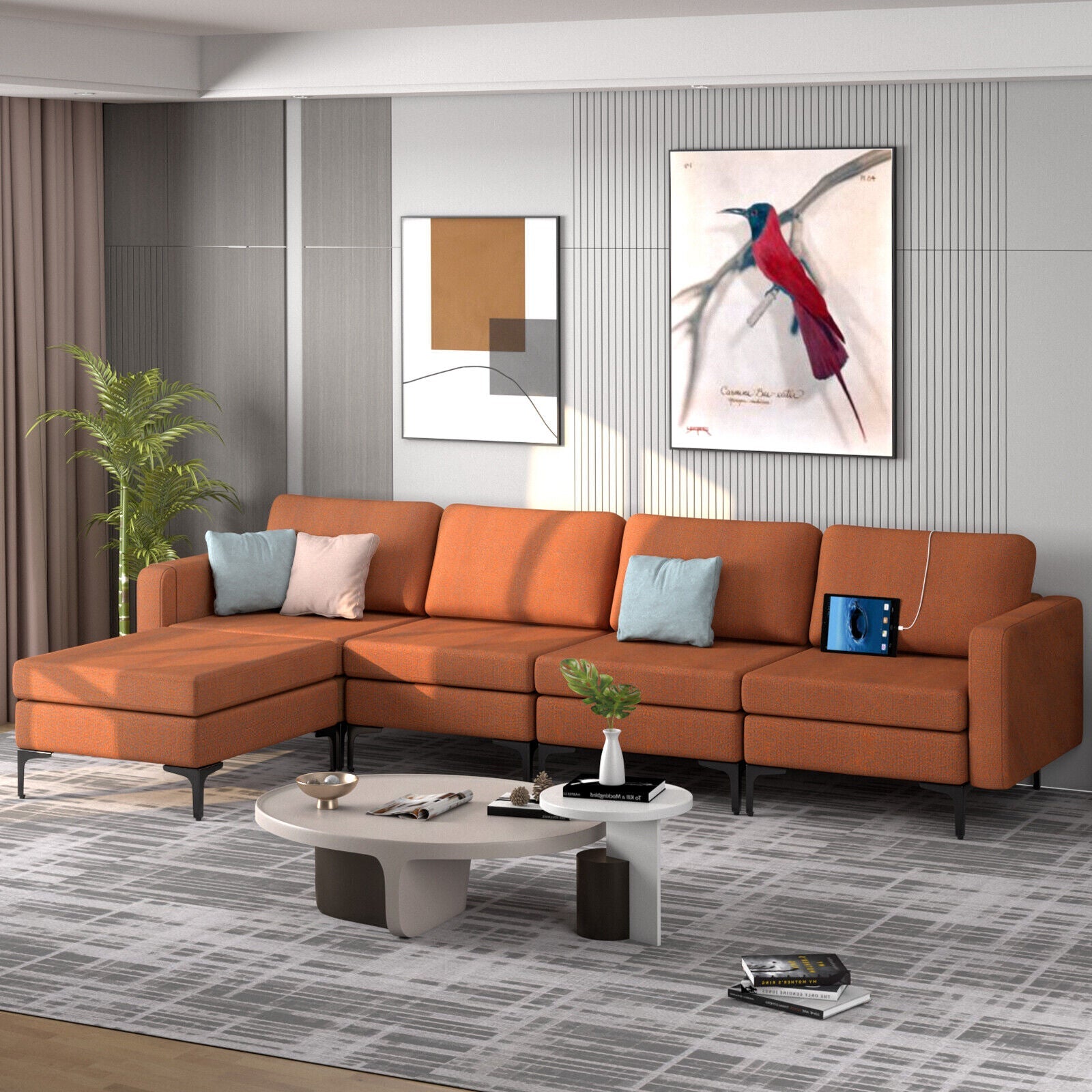 Modular L-shaped Sectional Sofa with Reversible Ottoman and 2 USB Ports