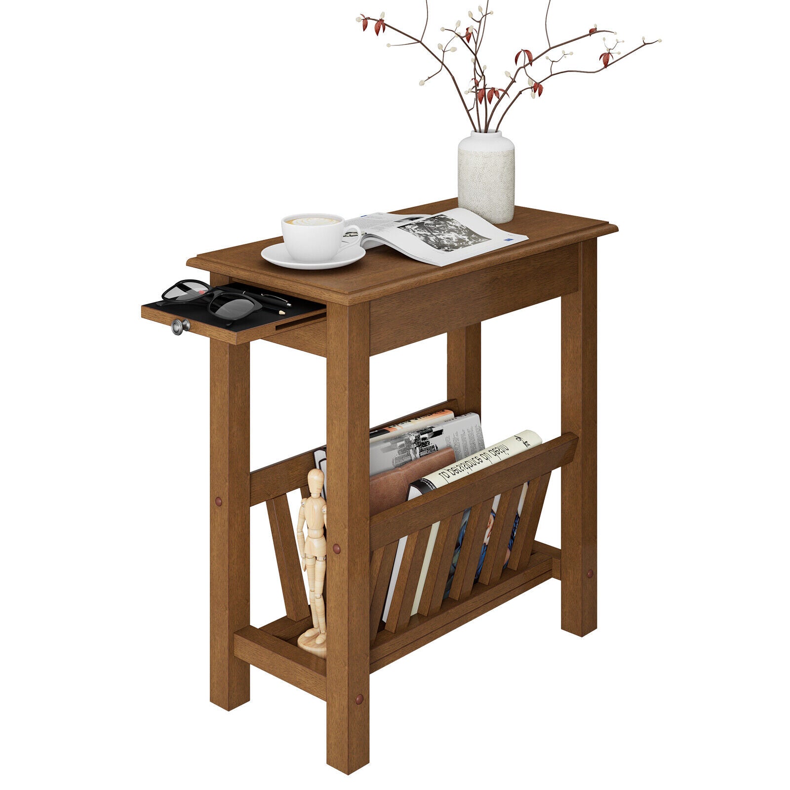2-Tier End Table with Pull-out Tray and Solid Rubber Wood Legs