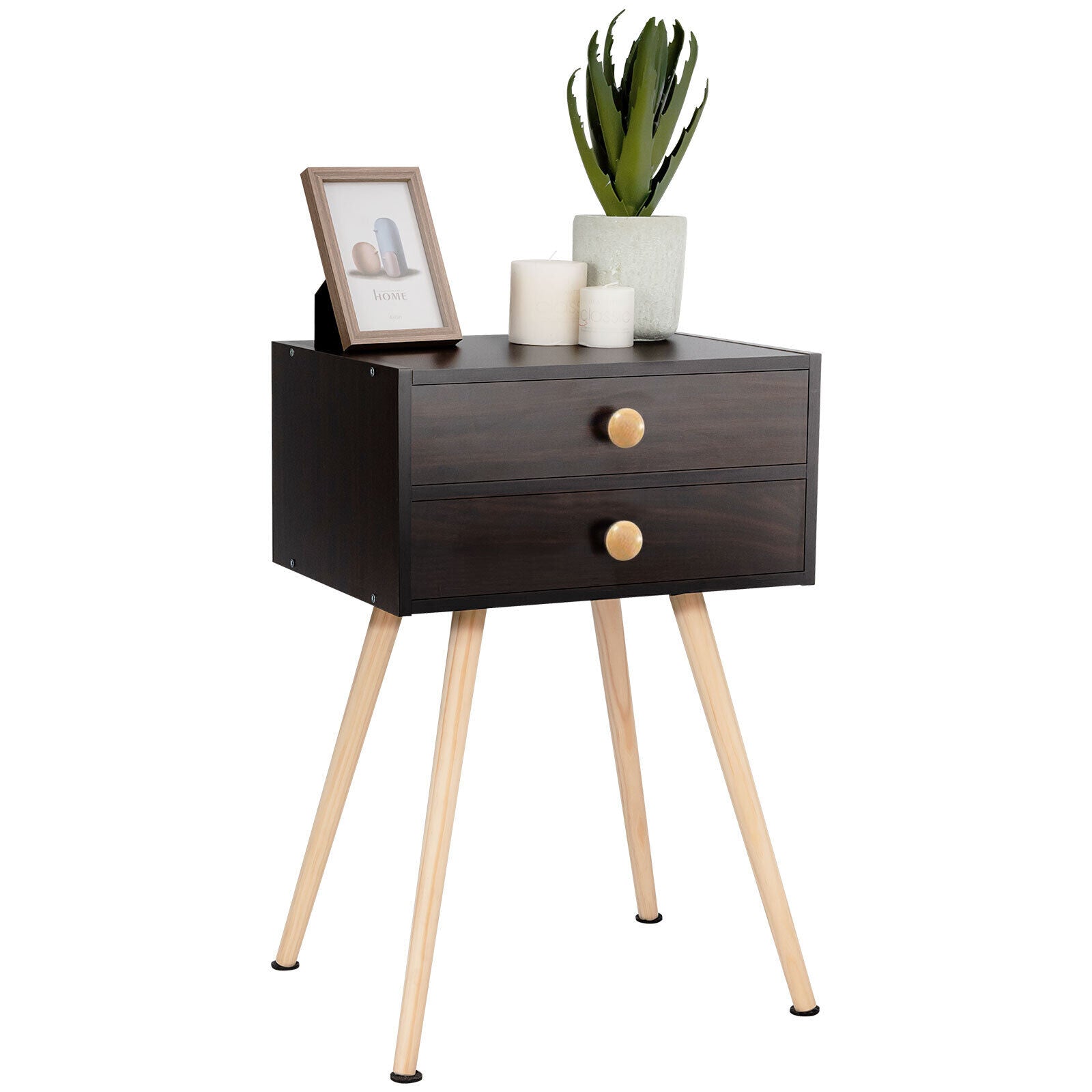 Modern Nightstand Bedside Table Mid Century with 2 Drawers-Natural