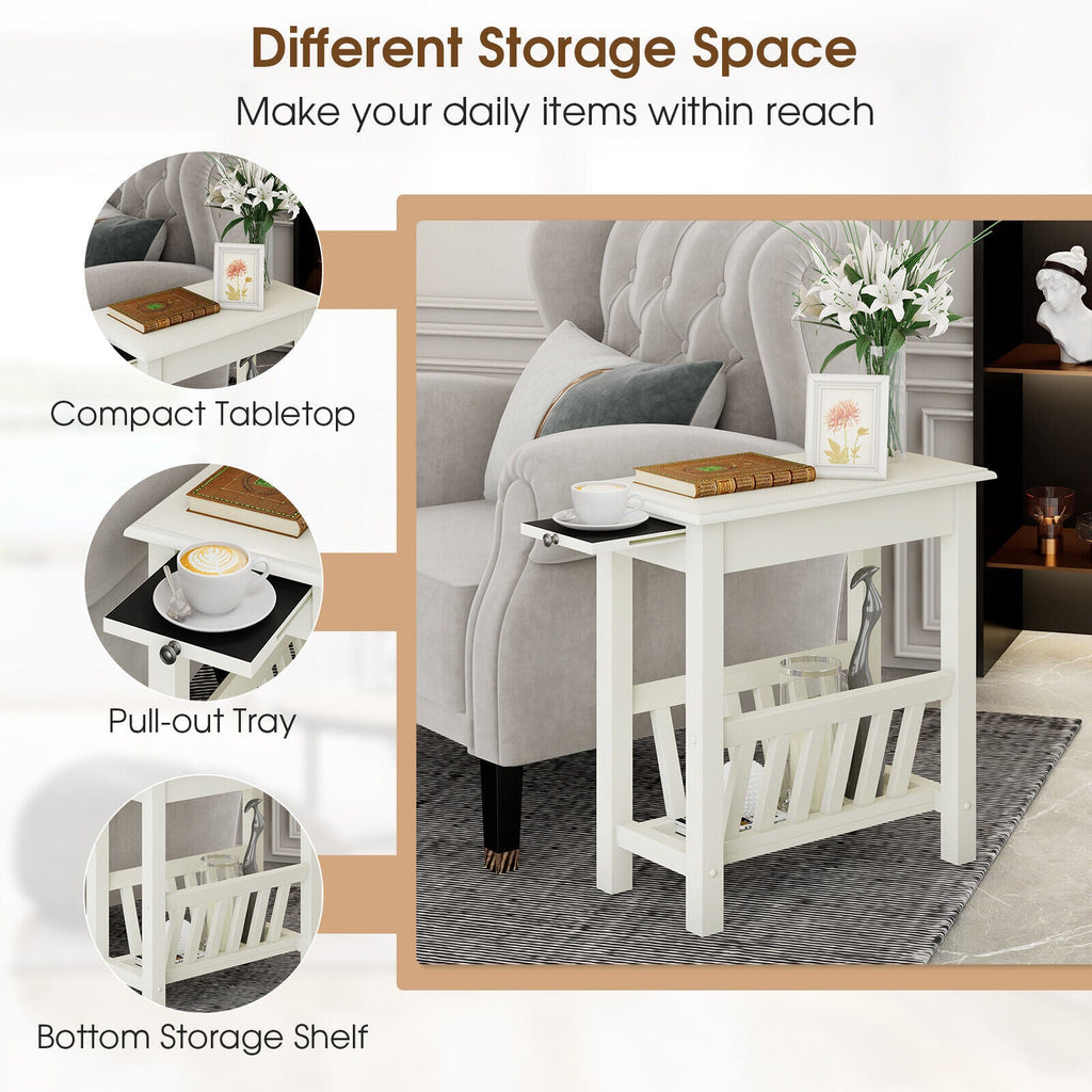 2-Tier End Table with Pull-out Tray and Solid Rubber Wood Legs