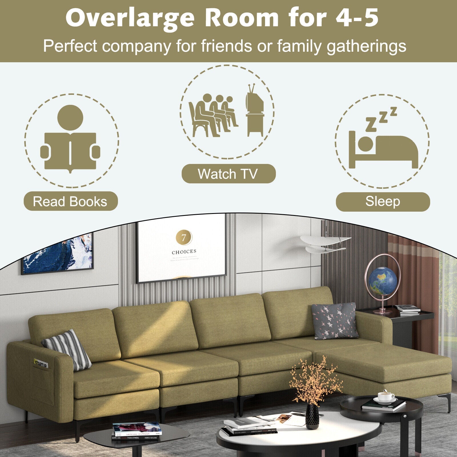 Modular L-shaped Sectional Sofa with Reversible Ottoman and 2 USB Ports