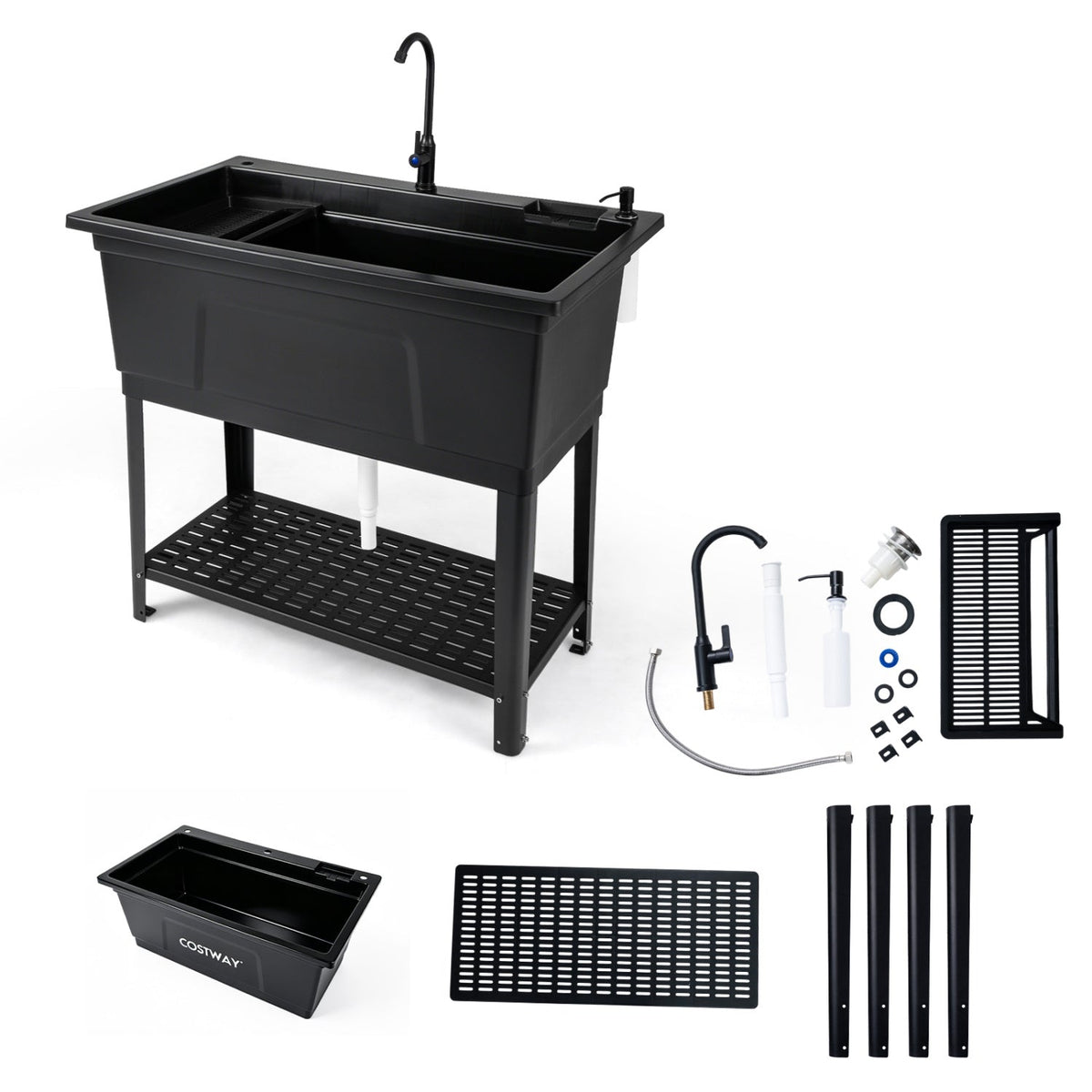 100L Utility Sink with Rotating Faucet and Storage Shelf