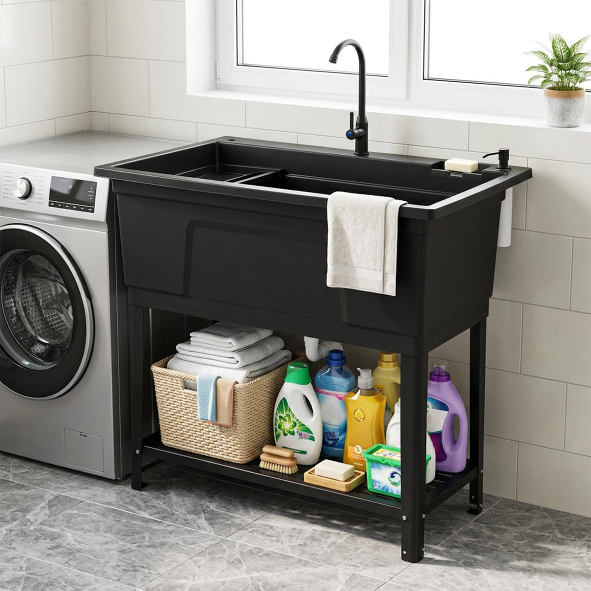100L Utility Sink with Rotating Faucet and Storage Shelf