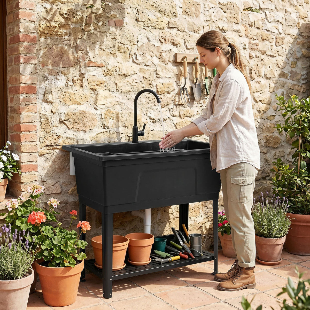 100L Utility Sink with Rotating Faucet and Storage Shelf