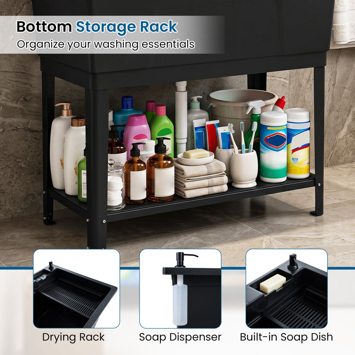 100L Utility Sink with Rotating Faucet and Storage Shelf