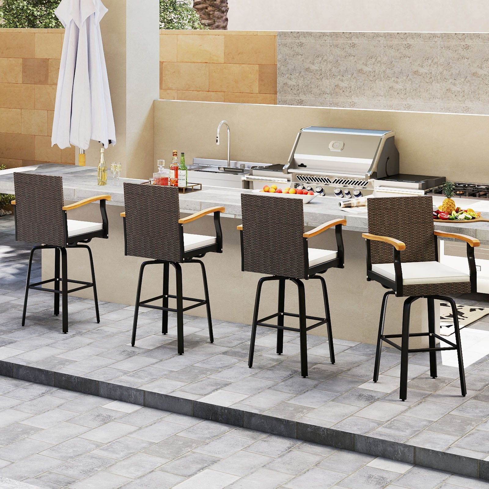 Set of 2 Outdoor 360¬∞ Swivel Bar Stool with Cushion and Acacia Wood Armrests