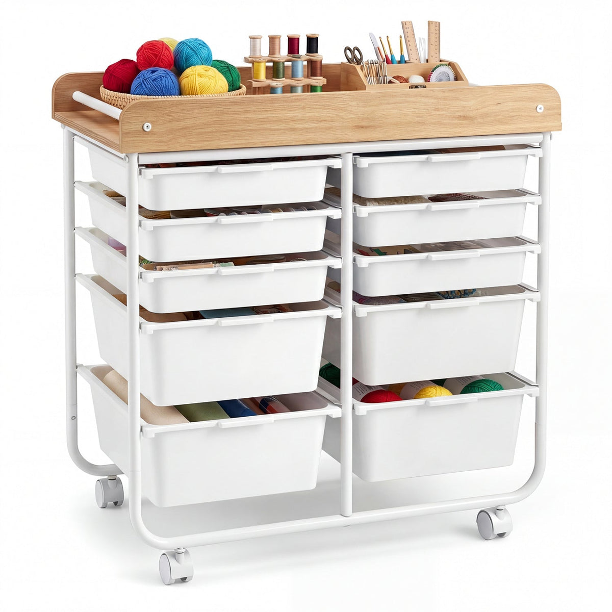 10-Drawer Rolling Cart with Wooden Tabletop and Lockable Wheels for Office