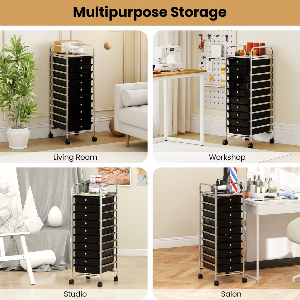 10-Drawer Rolling Storage Cart with Metal Frame and Lockable Universal Wheels