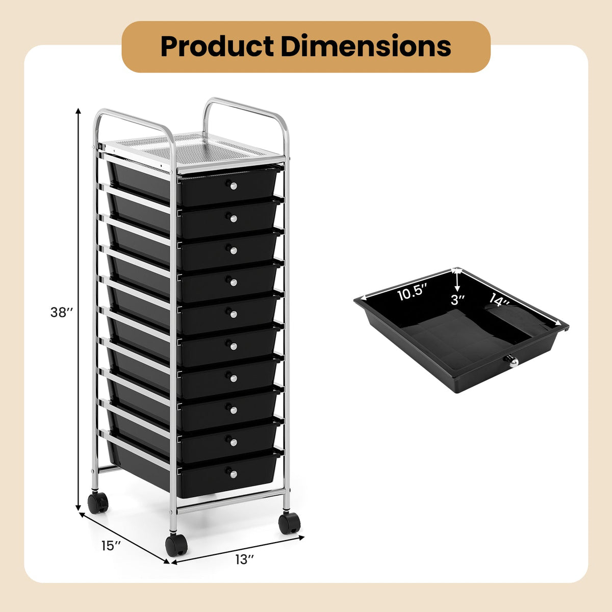 10-Drawer Rolling Storage Cart with Metal Frame and Lockable Universal Wheels