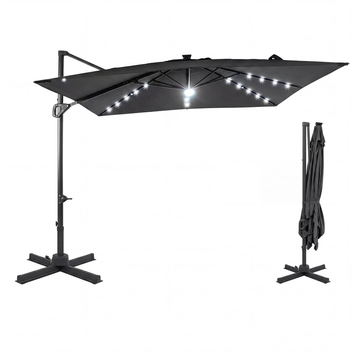 10 FT Cantilever Patio Umbrella with Solar LED Lights for Pool and Garden