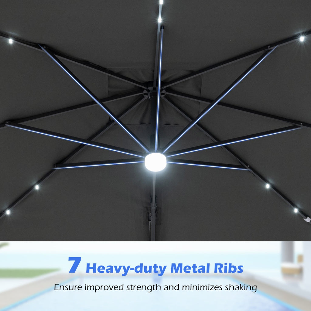 10 FT Cantilever Patio Umbrella with Solar LED Lights for Pool and Garden