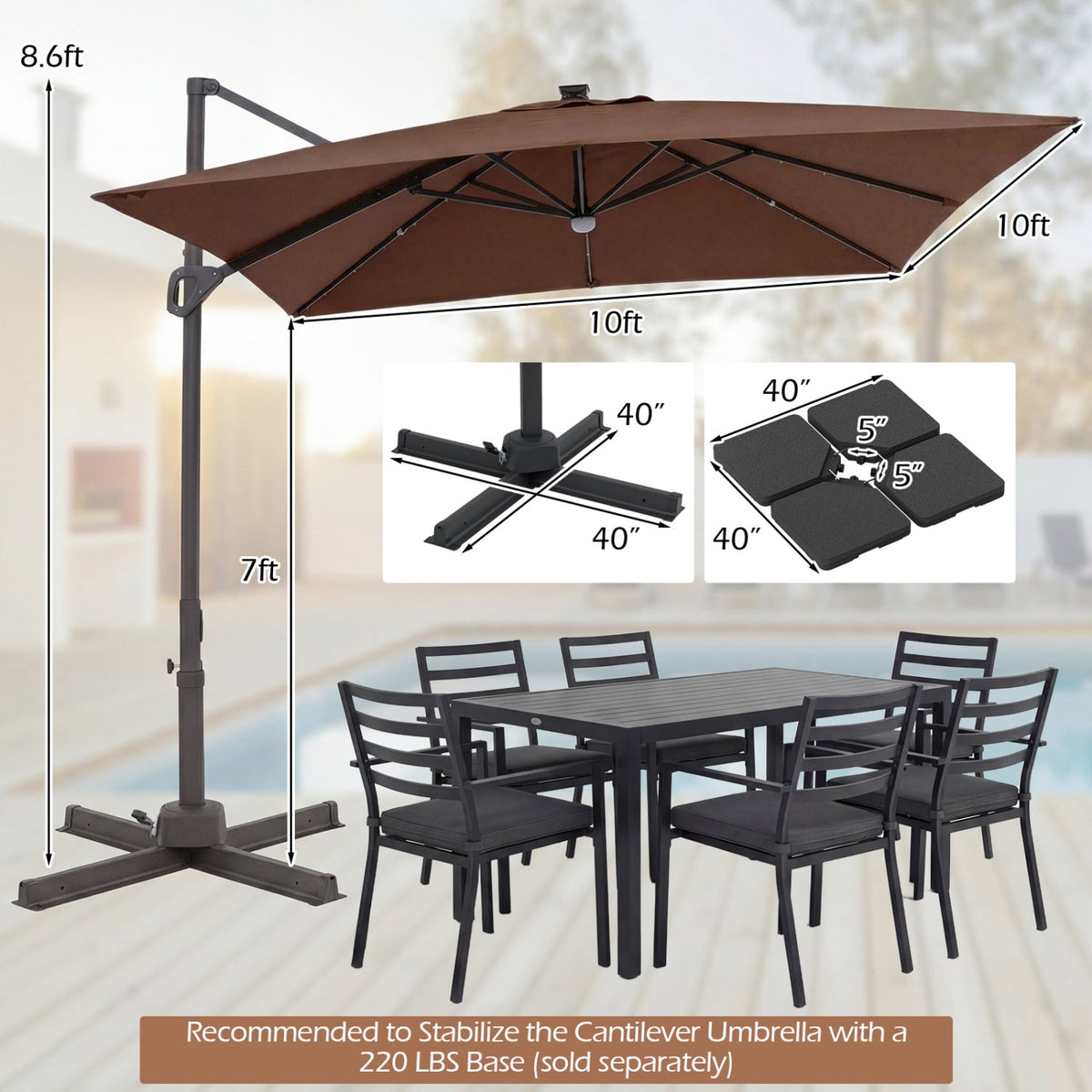 10 FT Cantilever Patio Umbrella with Solar LED Lights for Pool and Garden