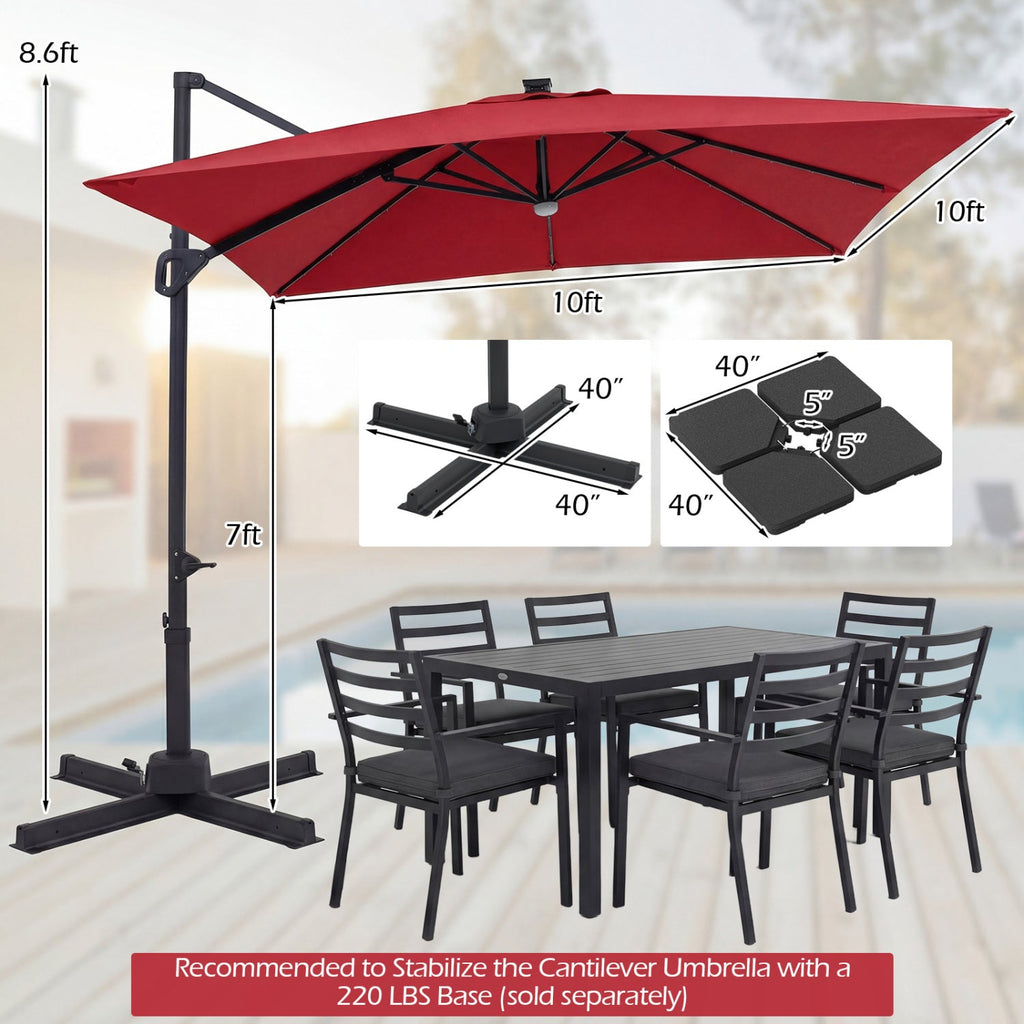 10 FT Cantilever Patio Umbrella with Solar LED Lights for Pool and Garden