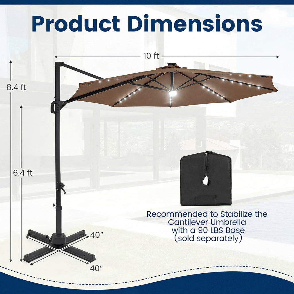 10 FT Cantilever Patio Umbrella with Solar LED Lights 360° Rotation