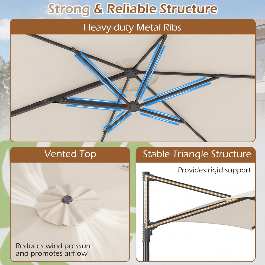 10 FT Patio Cantilever Umbrella with 360° Rotation and Air Vent for Backyard and Poolside