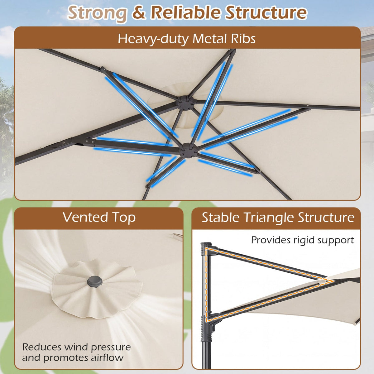 10 FT Patio Cantilever Umbrella with 360° Rotation and Air Vent for Backyard and Poolside
