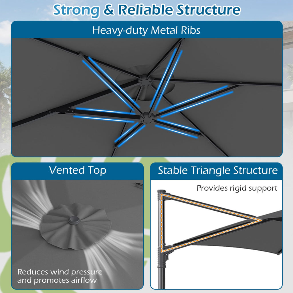 10 FT Patio Cantilever Umbrella with 360° Rotation and Air Vent for Backyard and Poolside