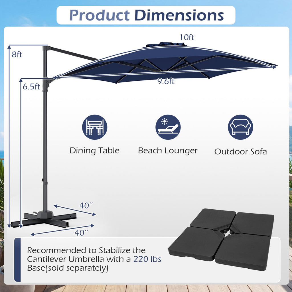 10 FT Patio Cantilever Umbrella with 360° Rotation and Air Vent for Backyard and Poolside