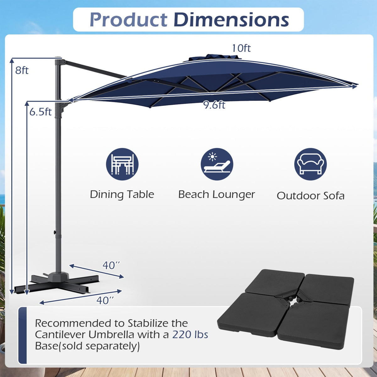 10 FT Patio Cantilever Umbrella with 360° Rotation and Air Vent for Backyard and Poolside