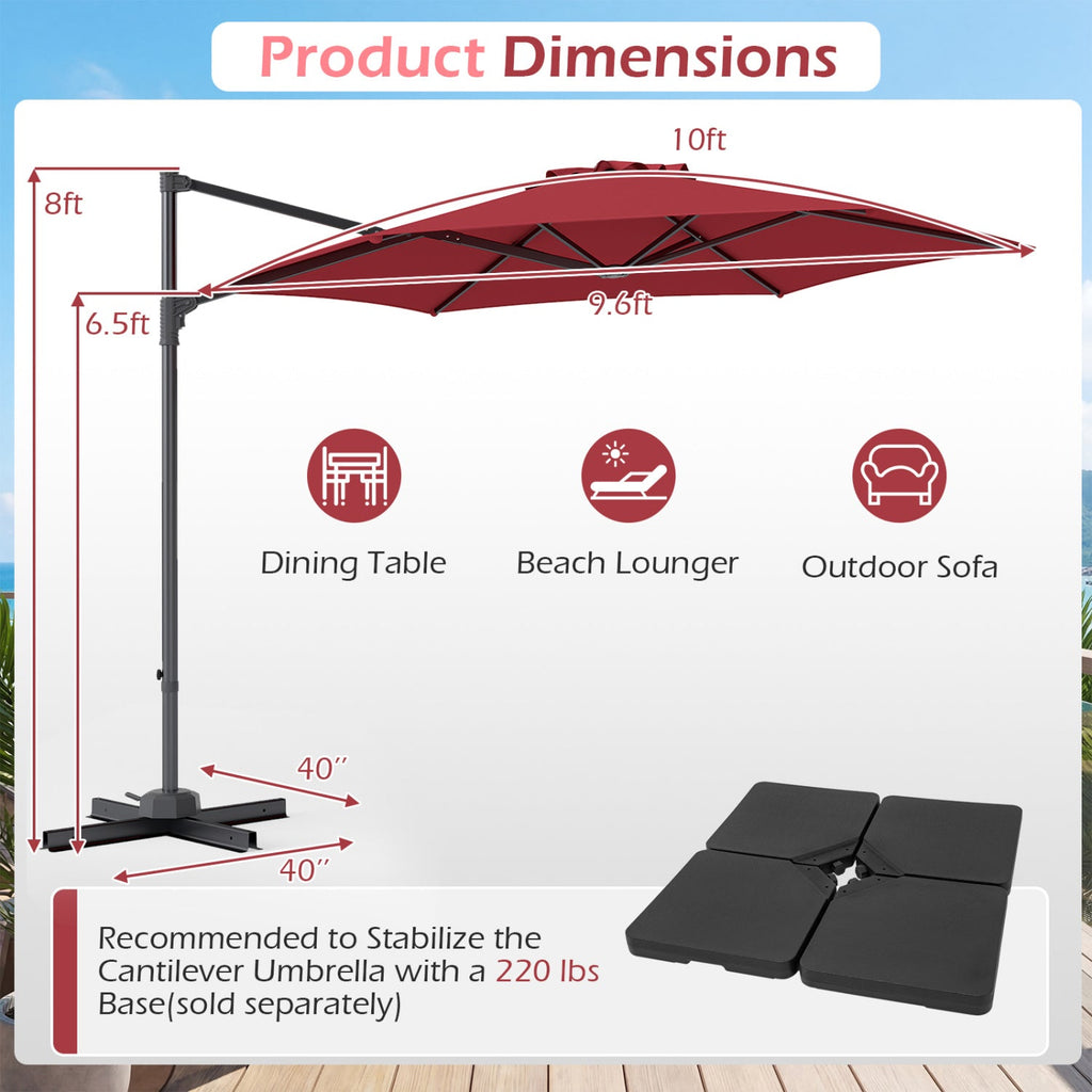 10 FT Patio Cantilever Umbrella with 360° Rotation and Air Vent for Backyard and Poolside