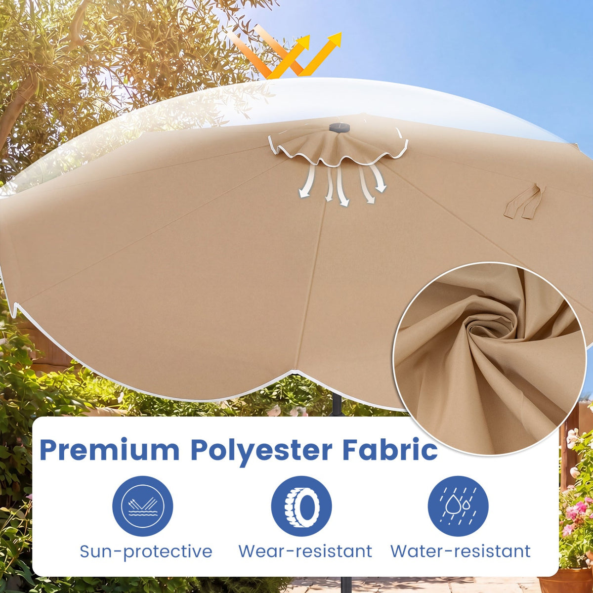 10 FT Scalloped Solar Patio Umbrella with 24 LED Lights and Tilt Adjustment