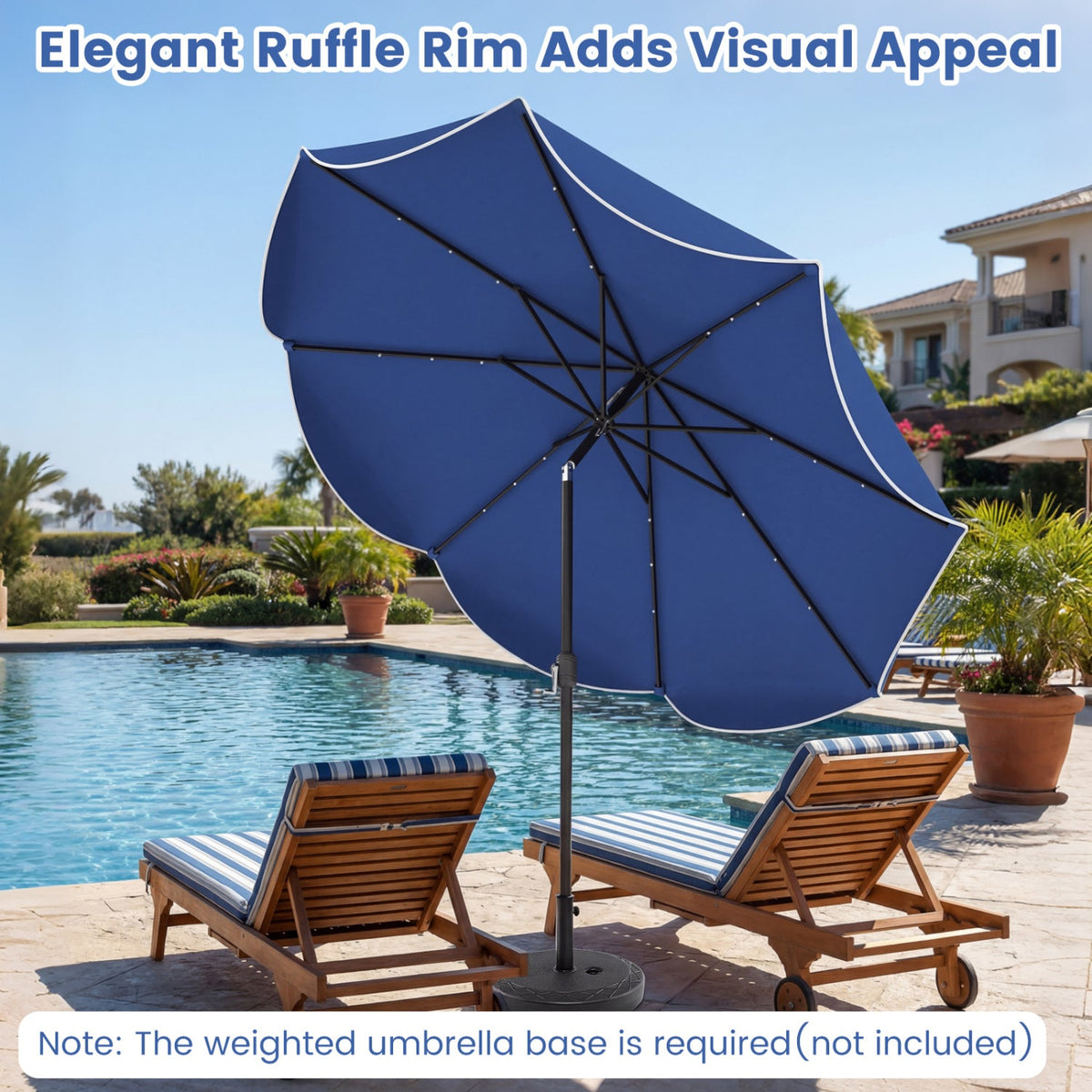 10 FT Scalloped Solar Patio Umbrella with 24 LED Lights and Tilt Adjustment