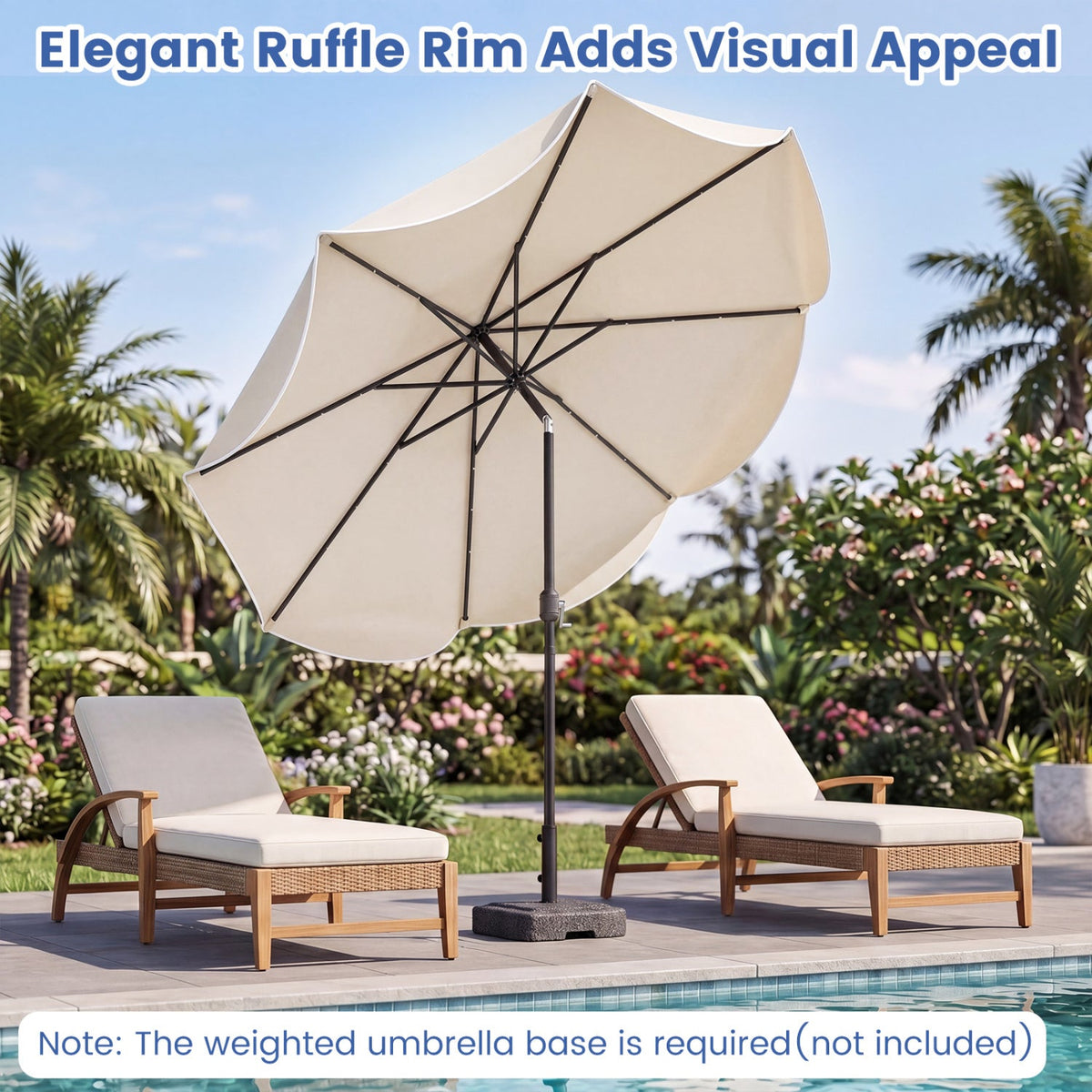 10 FT Scalloped Solar Patio Umbrella with 24 LED Lights and Tilt Adjustment