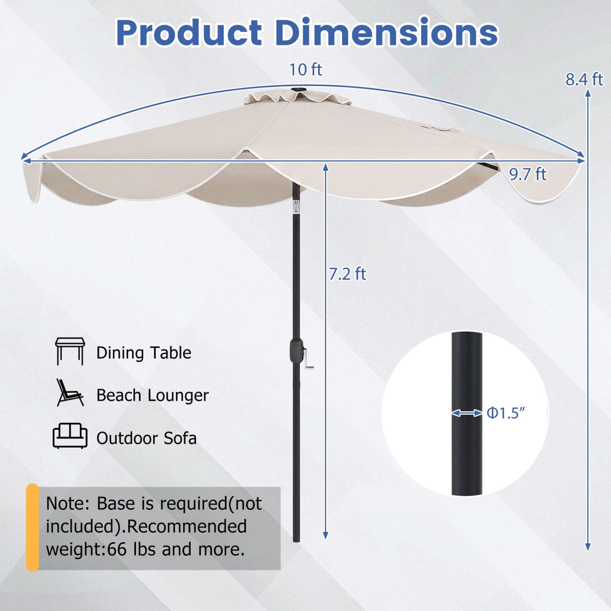 10 FT Scalloped Solar Patio Umbrella with 24 LED Lights and Tilt Adjustment