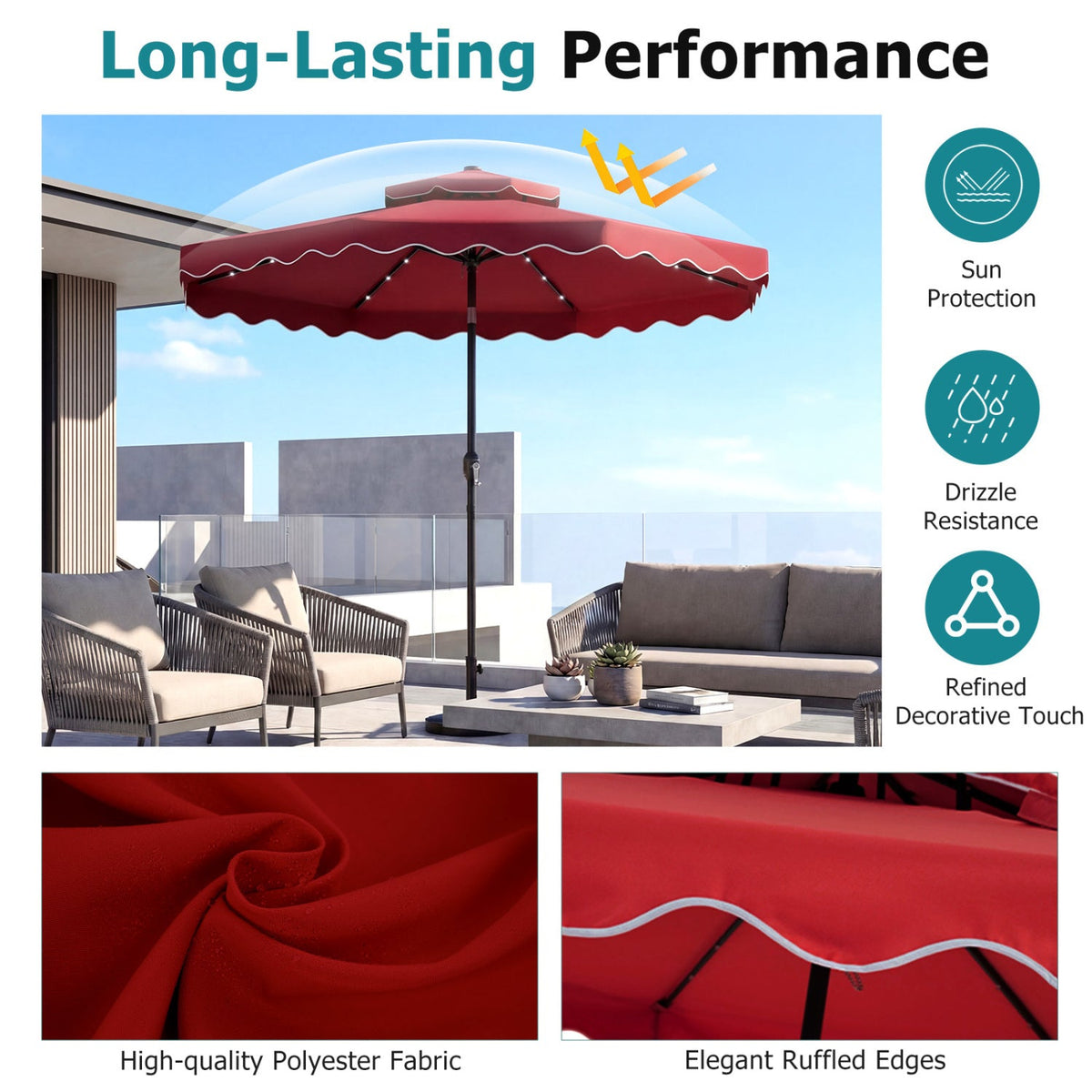 10 FT Solar LED Patio Umbrella for Deck and Pool