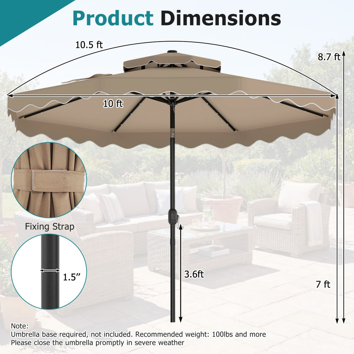 10 FT Solar LED Patio Umbrella for Deck and Pool