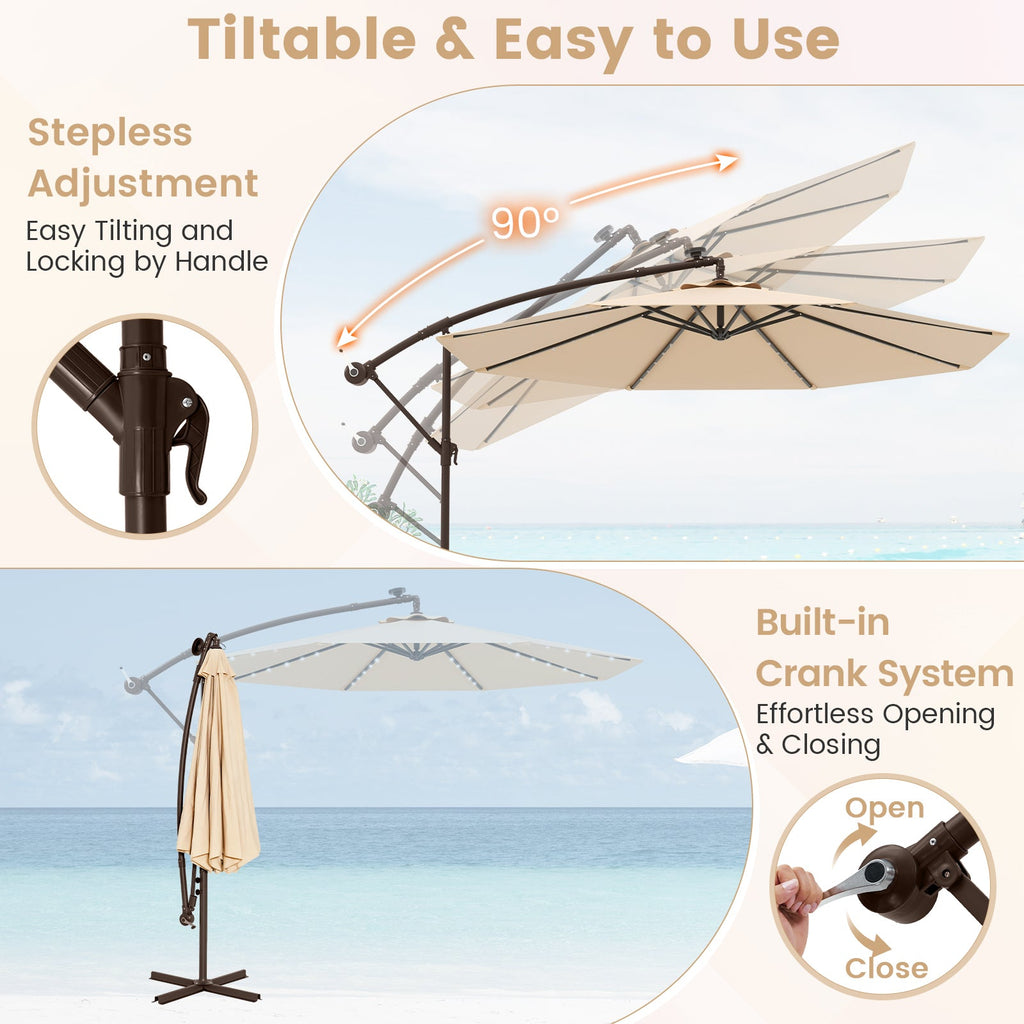 10 Feet Cantilever Umbrella with 32 LED Lights and Solar Panel Batteries