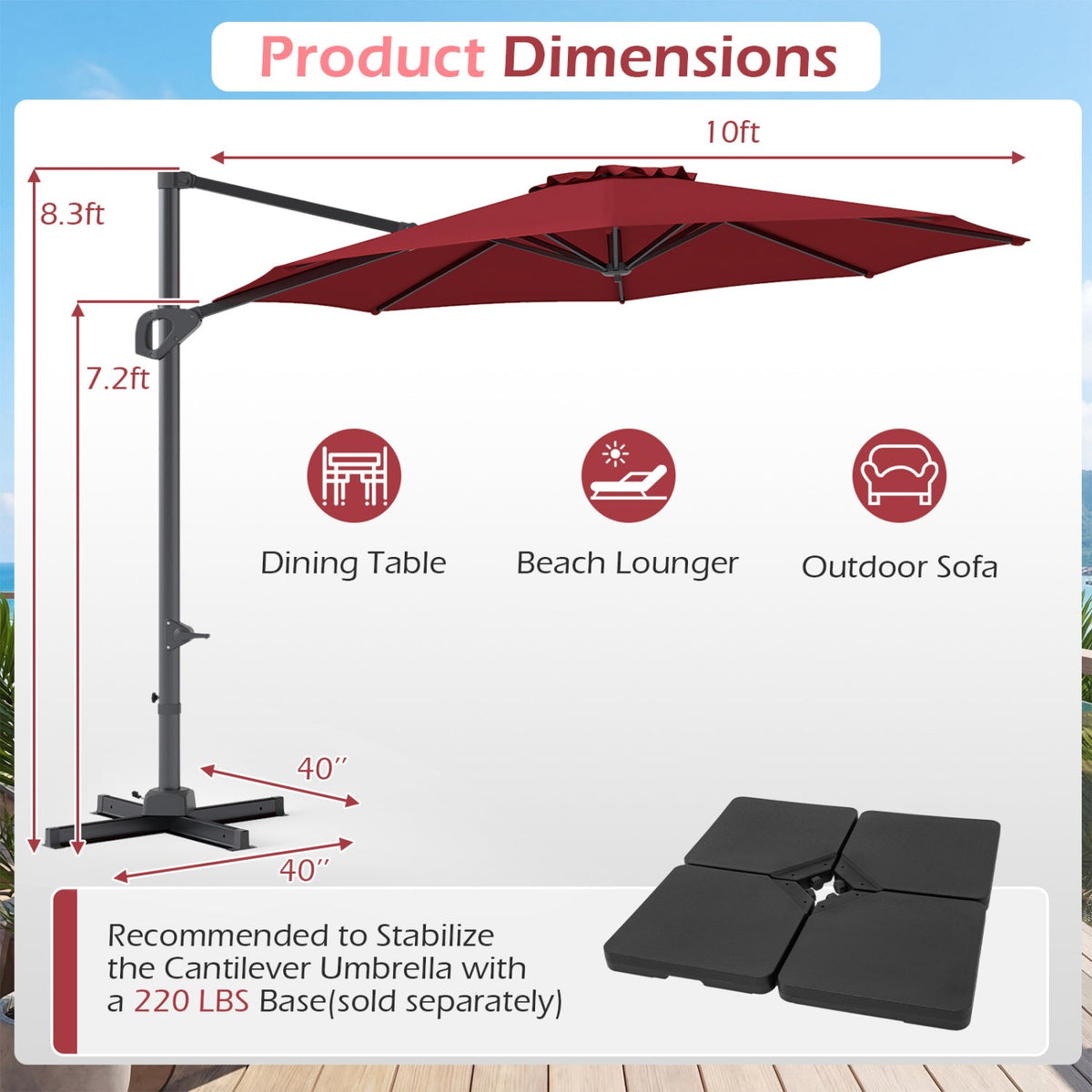 10 Feet Patio Cantilever Umbrella with Easy Tilt Adjustment