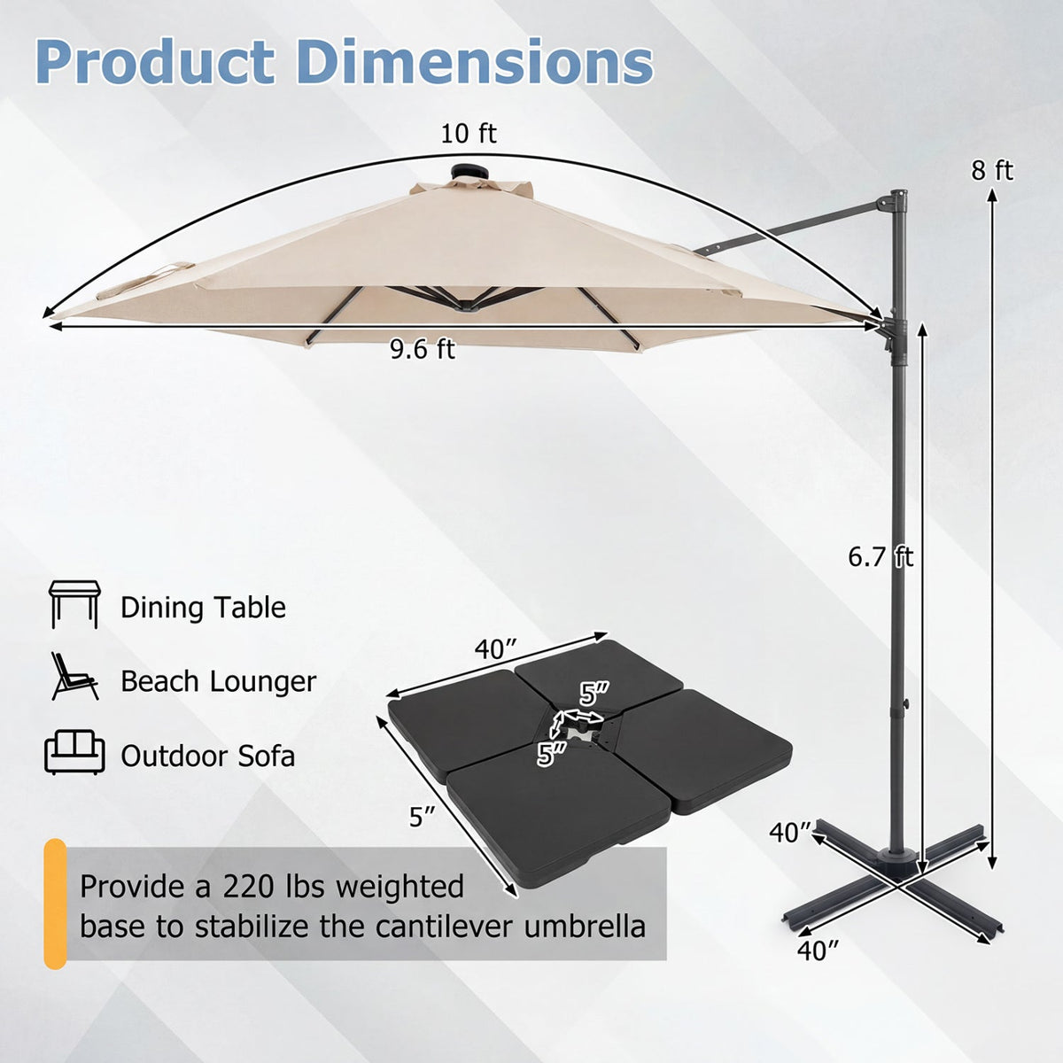 10 Feet Patio Cantilever Umbrella with Solar LED Lights