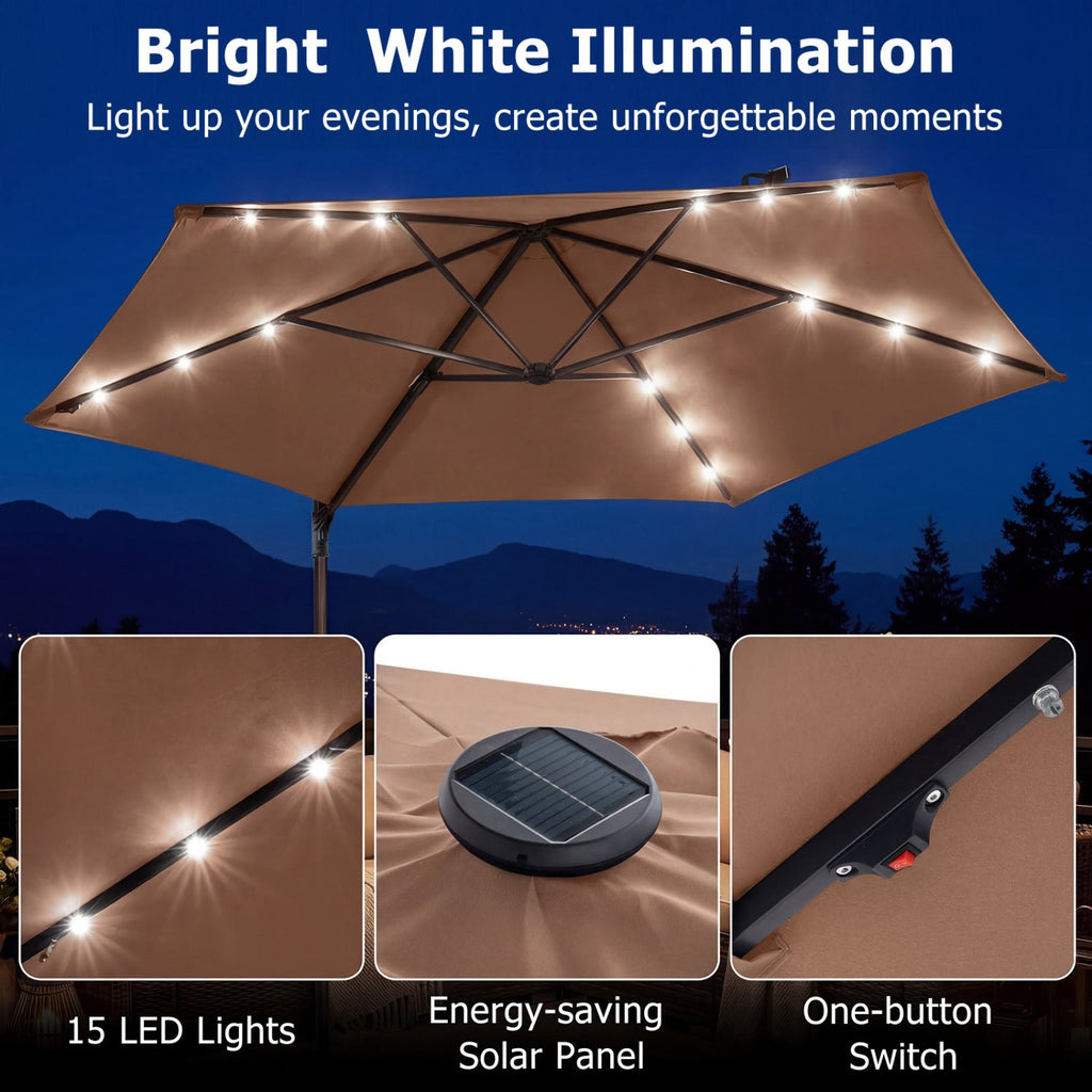 10 Feet Patio Cantilever Umbrella with Solar LED Lights